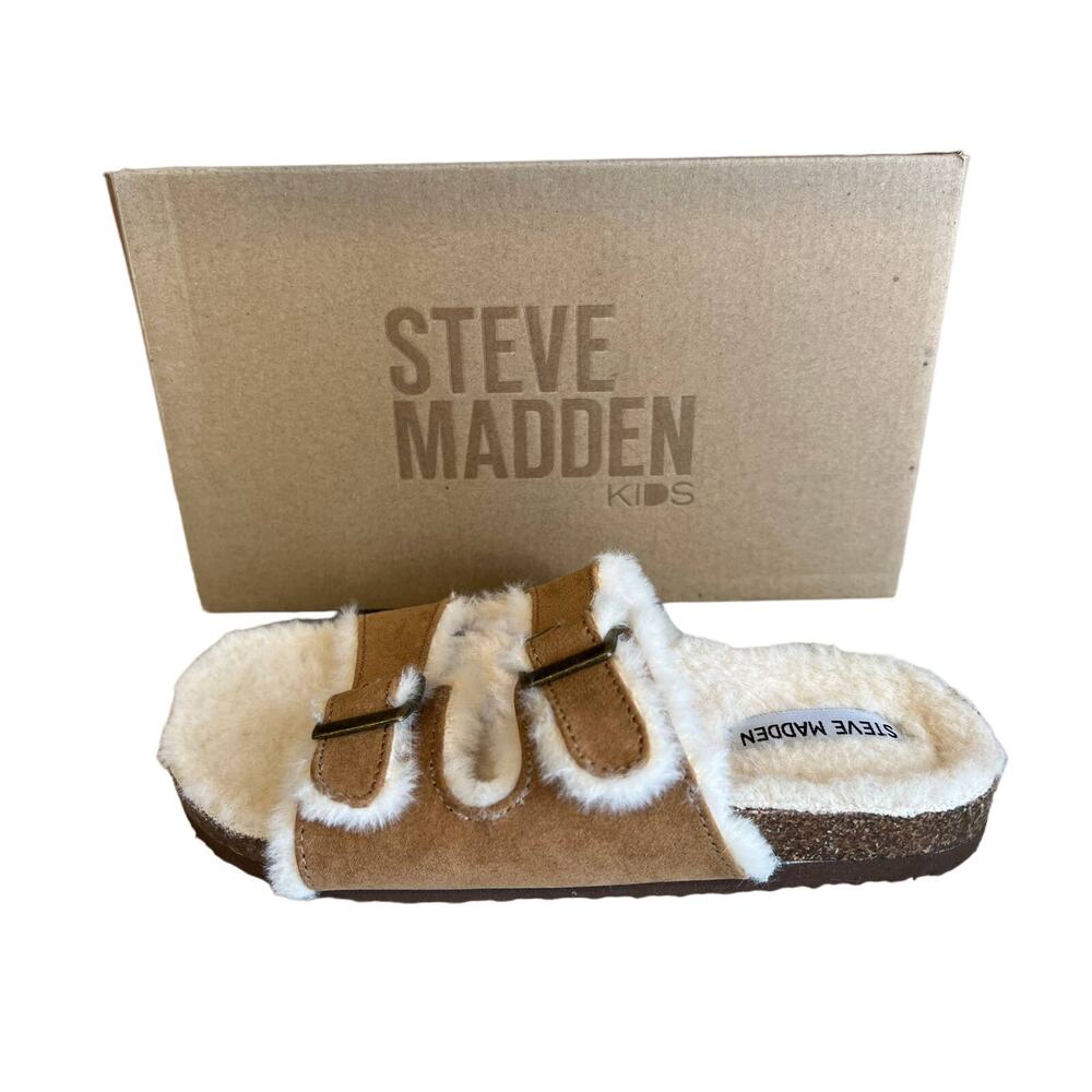 Steve Madden Kids tan fur lined cork slipper shoes